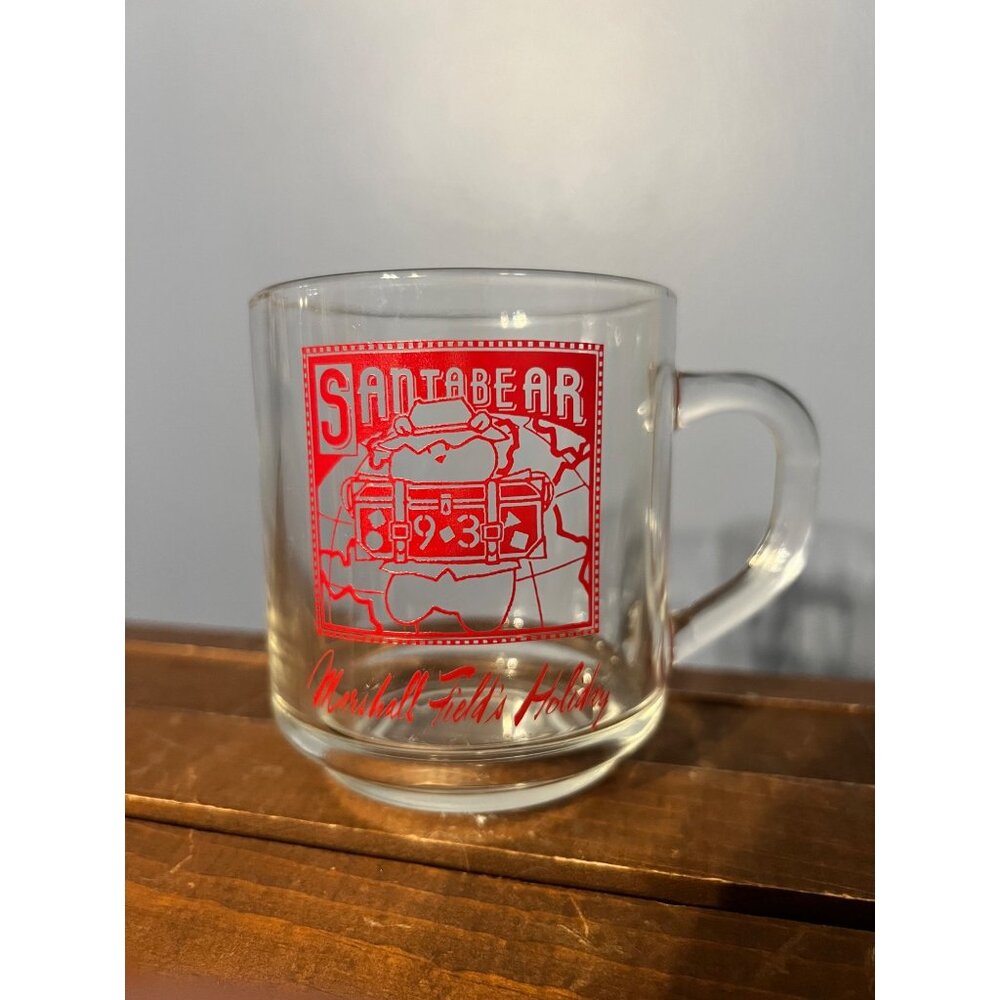 Marshall Fields 1993 Santa Bear Glass Mug Christmas Drinkware Dept‎ Store 1990s